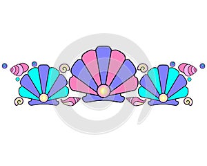 Seashells and pearls - vector linear full color illustration - divider. Sea border of scallop shells, pearls and small seashells.