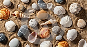 Seashells and pebbles arranged on sand.