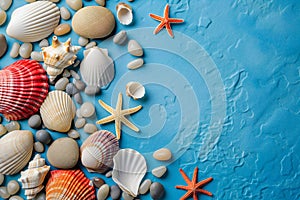 Seashells, pebbles, mockup on blue background. Blank, top view, still life, flat lay. Sea vacation travel concept