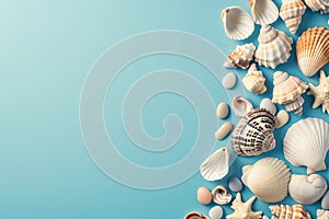 Seashells, pebbles, mockup on blue background. Blank, top view, still life, flat lay. Sea vacation travel concept