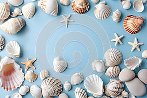 Seashells, pebbles, mockup on blue background. Blank, top view, still life, flat lay. Sea vacation travel concept