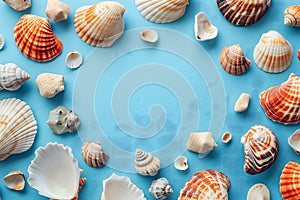 Seashells, pebbles, mockup on blue background. Blank, top view, still life, flat lay. Sea vacation travel concept