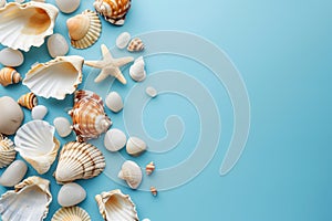 Seashells, pebbles, mockup on blue background. Blank, top view, still life, flat lay. Sea vacation travel concept