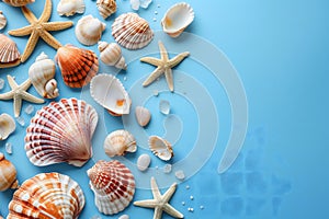Seashells, pebbles, mockup on blue background. Blank, top view, still life, flat lay. Sea vacation travel concept