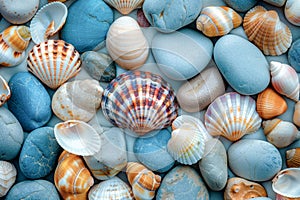 Seashells Resting on Beach Rocks. Generative AI