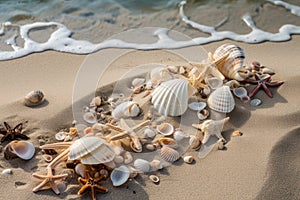 seashells, sand, and starfish on the beach
