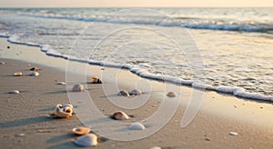 Seashells on a Sandy Beach at Sunrise