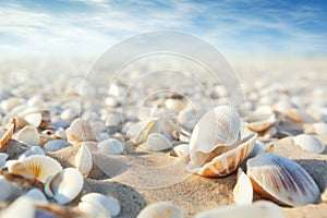 Seashells shells laying on sand sea beach tropical sanded seashore sandy seacoast blue cloudy sky natural beauty calm