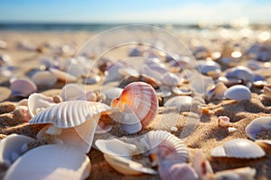 Seashells shells laying on sand sea beach tropical sanded seashore sandy seacoast blue waves backdrop beauty calm