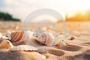 Seashells shells laying on white sand sea beach tropical sanded seashore sandy seacoast backdrop beauty calm tranquil