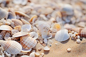 Seashells shells laying on white sand sea beach tropical sanded seashore sandy seacoast backdrop beauty calm tranquil