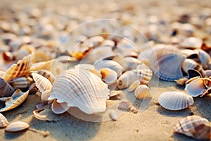 Seashells shells laying on white sand sea beach tropical sanded seashore sandy seacoast backdrop beauty calm tranquil