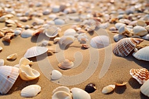 Seashells shells laying on white sand sea beach tropical sanded seashore sandy seacoast backdrop beauty calm tranquil