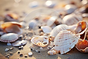 Seashells shells laying on white sand sea beach tropical sanded seashore sandy seacoast backdrop beauty calm tranquil