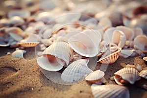 Seashells shells laying on white sand sea beach tropical sanded seashore sandy seacoast backdrop beauty calm tranquil