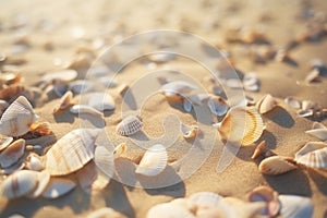 Seashells shells laying on white sand sea beach tropical sanded seashore sandy seacoast backdrop beauty calm tranquil
