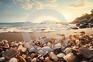 Seashells shine on a beach, creating an exotic tropical vacation scenery
