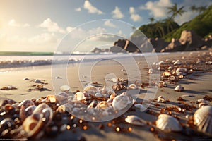 Seashells shine on a beach, creating an exotic tropical vacation scenery