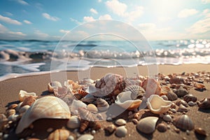 Seashells shine on a beach, creating an exotic tropical vacation scenery