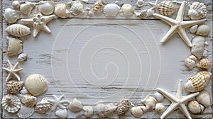 Seashells and starfish frame on rustic wood. AI Generated