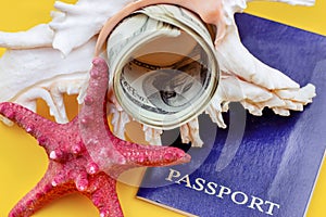 Seashells and starfish with green american dollars usa and blue passport on yellow background