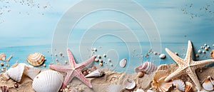 Seashells and starfish. Natural seashells with copy space. Summer background.