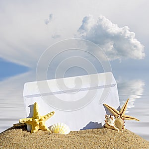 Seashells and starfish with open envelope with blank letter