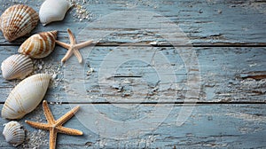 Seashells and Starfish on Rustic Blue Wood Background