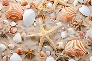 Seashells and starfish on sand background. Summer vacation concept, Sandy beach with collection of seashells and starfish as