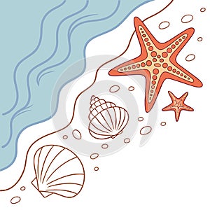 Seashells. starfish. sand border on blue. summer beach background. design template