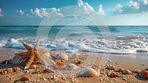 Seashells and Starfish on Sandy Beach