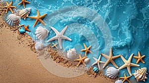 Seashells and Starfish on Sandy Beach