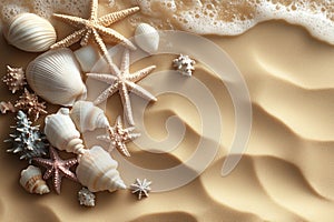 Seashells and Starfish on Sandy Beach Background