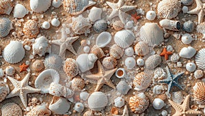 Seashells and Starfish on Sandy Beach