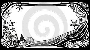 seashells and starfish sea theme border frame in black and white