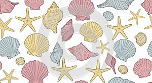Seashells and Starfish Seamless Pattern, Beach Summer Background