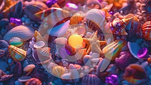 Seashells and starfish on seashore in tropical beach. Generative AI. Illustration for banner, poster, cover or presentation