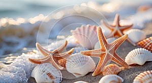 Seashells and Starfish Surround Sandy Beach Wave
