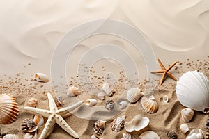 Seashells and starfishes on beige sea sand. Greeting card for sea vacation memories, place for text in upper part of image.