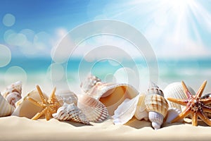 Seashells and starfishs on a sandy beach