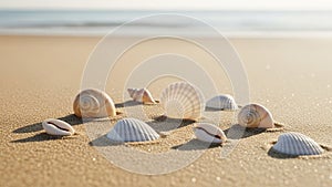 Seashells of various shapes and sizes are scattered on a sand