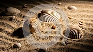 Seashells of various sizes and types are scattered on rippled sand