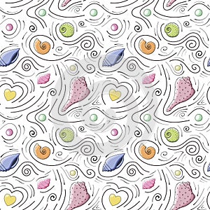 Seashells vector seamless pattern in cartoon style. Purple, pink, orange seashells, yellow hearts, red and yellow spheres and