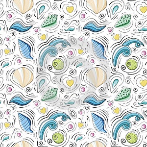 Seashells vector seamless pattern in cartoon style. Sea waves, beige and green seashells, yellow hearts, pink spheres, sea drops