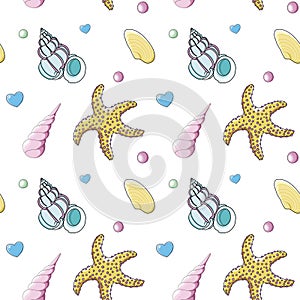 Seashells vector seamless pattern in cartoon style. Yellow starfish, blue, pink, yellow seashells, hearts and spheres