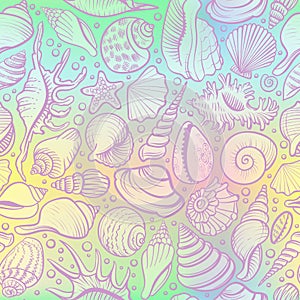 Seashells vector seamless pattern on the holograram background.