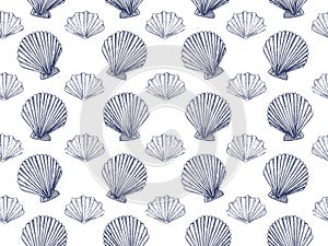 Seashells vector seamless pattern. Monochrome blue background.