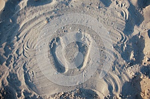 Seashore beach with sand, footprints in the sand, sand and seashells summer