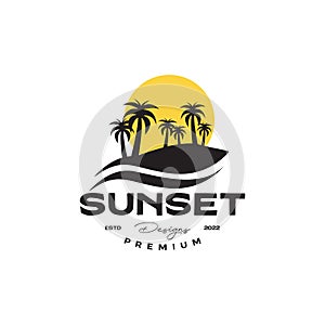 Seashore with coconut tree sunset vintage logo