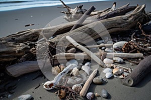 seashore with driftwood and shells, ready for beachcombing adventures
